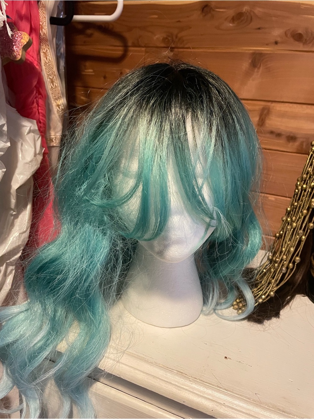 Teal Ombre Long Wavy Wig with Bangs - Women Hair